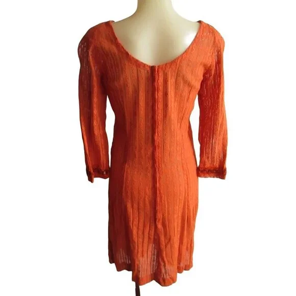 Vintage Women's Dress 6/8 1960's Mesh/Lace Burnt Orange Handmade Shift Mod